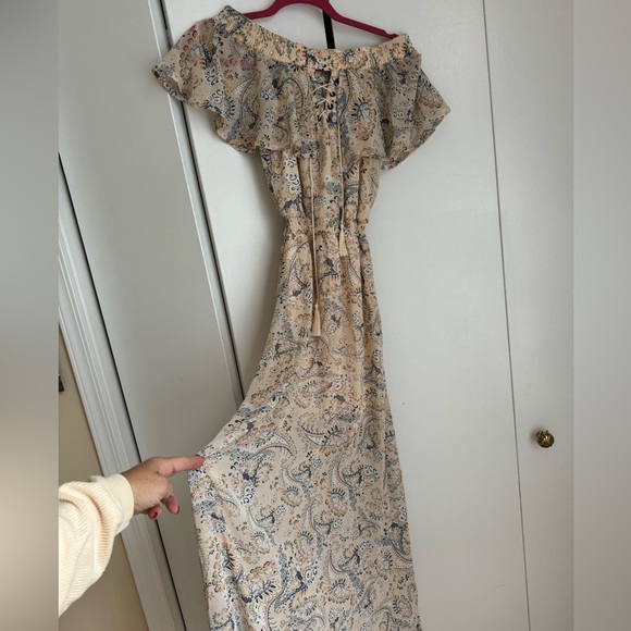 American rag off shoulder peasant blue cream paisley long lined dress sz XS NWT - Picture 10 of 12